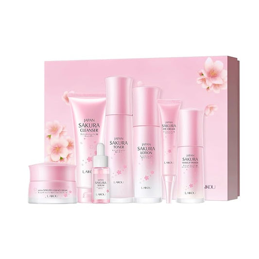 Skin Care Set JAPAN SAKURA Beauty Gift Sets Skin Care Kit with Cleanser, Toner, Lotion, Serum, Eye Cream, Face Cream, Make up Primer Travel Kit for Women Wife Mom 7pcs-Velvo Beauty