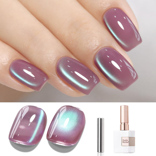 Double Rhythm 15ML Ice Glass Cat Eye Gel Polish with Magnet Holographic Glitter Shimmer Translucent Sheer Color Salon Soak Off Magnetic Nail at Home (Plum Purple-MC1130)-Velvo Beauty