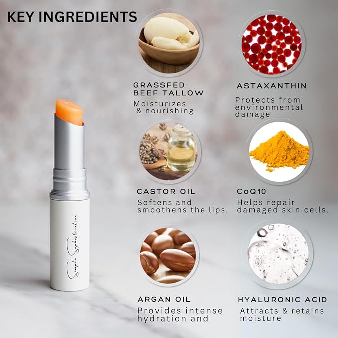 Tallow Lip Balm - Anti-Aging with 100%-grassfed Beef Tallow, CoQ10, Astaxanthin, Hyaluronic acid - Ultra Moisturizing, Conditioning, All natural, Organic, Made in USA (Untinted)-Velvo Beauty