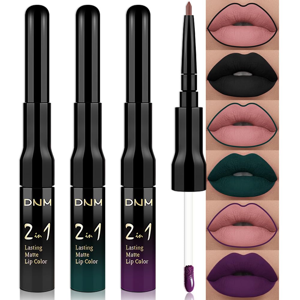 evpct 3Pcs Dark Black Green Purple Matte Lip Liner and Liquid Lipstick Lip Stain Sets for Women Long Lasting Waterproof, 24 Hours Goth Lipstick labiales matte mate larga duracion listip 24 hours, 19#-Velvo Beauty