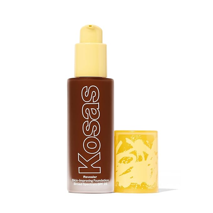 Kosas Revealer Skin-Improving Foundation with SPF 25 Protection - Hydrate, Brighten, Soothe, Plump, Protect Skin - Smoothing Texture, Natural Finish and Clean Formula - Rich Deep Neutral Olive 430-Velvo Beauty