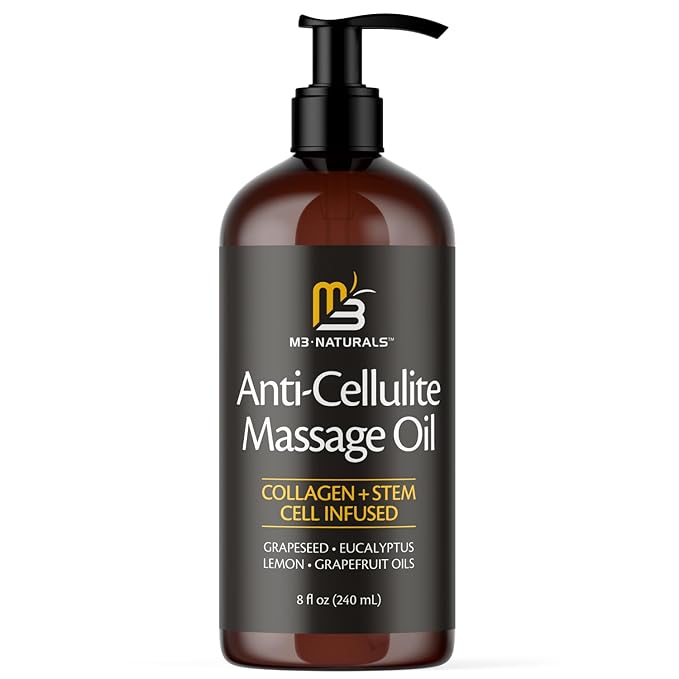 M3 Naturals Anti Cellulite Massage Oil and Silicone Body Brush – Collagen and Stem Cell Skin Tightening Formula for Smoothing and Firming – 8 Fl Oz-Velvo Beauty
