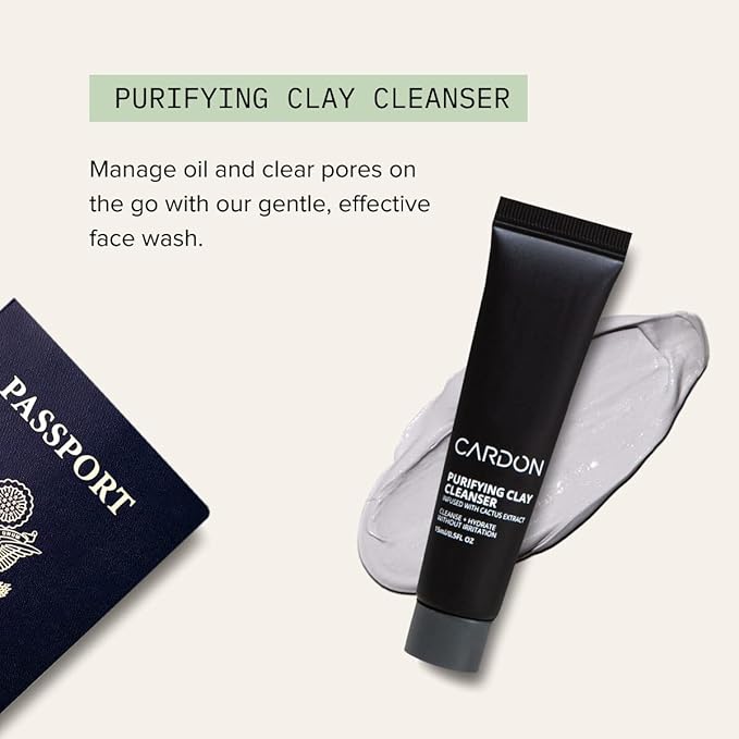 Cardon Jet Set Travel Sized Mens Skin Care Kit, Cactus Based Korean Skin Care Men, Includes SPF Sunscreen Moisturizer, Dark Circle Eye Rescue Cream, Clay Cleanser, 3-in-1 Hydro Gel, Lip Balm- Gift Set-Velvo Beauty