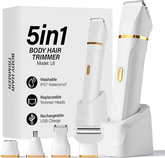 Bikini Trimmer for Women - 5 in 1 Electric Razors for Ladys Pubic Facial Nose Body Leg Hair Removal, Waterproof Electric Shaver for Women Private Area Sensitive Skin, Personal Hair Trimmer-Velvo Beauty