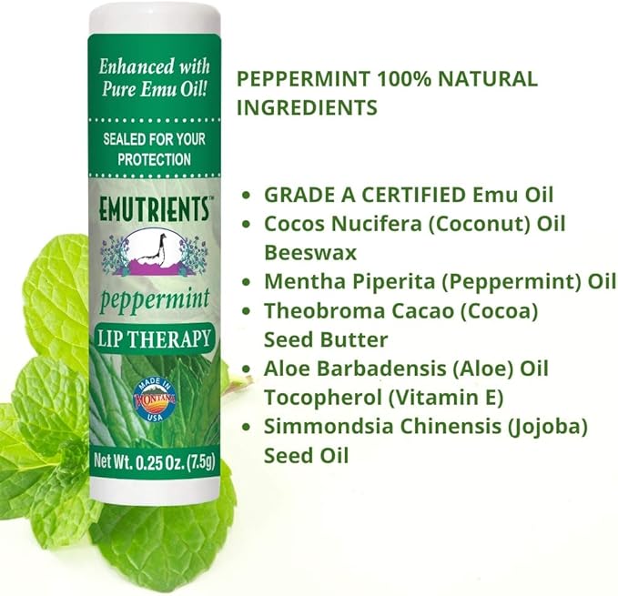 Montana Emu Ranch Natural Lip Balm 0.25 Ounce - Peppermint - Long Lasting Lip Therapy with Emu Oil-Velvo Beauty