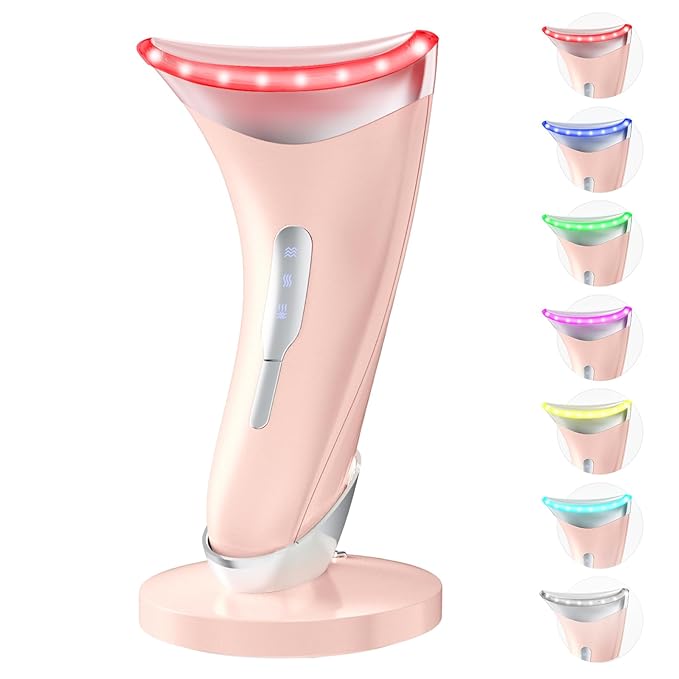 7 Color Light Therapy Facial Massager with Adjustable Vibration and Thermals for Wrinkles, Double Chin, Red Light Skin Care Tool with Base, Pink-Velvo Beauty