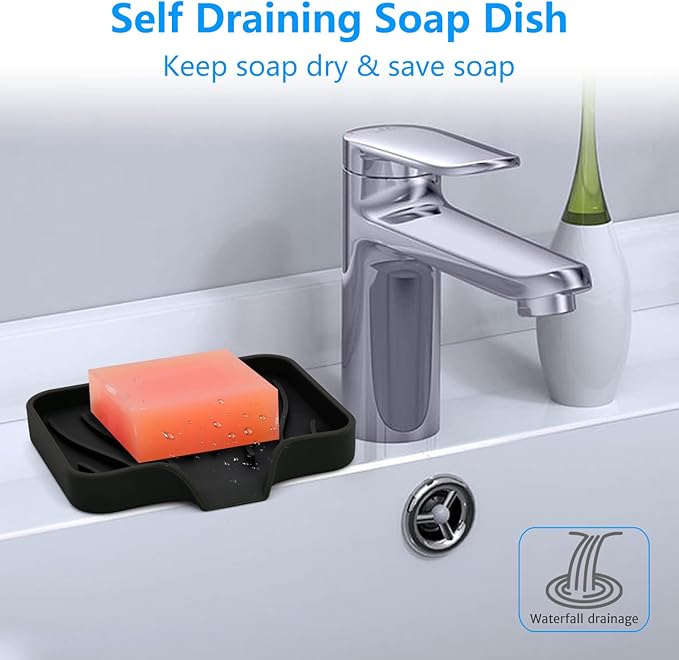 3-Pack Silicone Soap Dish, Sponge Holder for Sink, Kitchen Soap Tray, Bathroom Soap Holder, Sponge Tray with Drain (Black)-Velvo Beauty