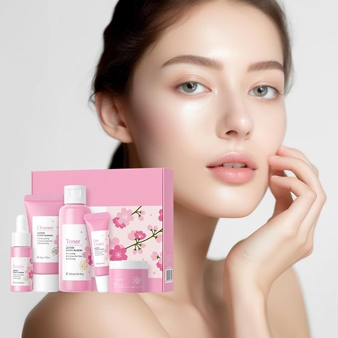 Greyghost Skin Care Set for Teenage Girls Women, 5 Pcs Cherry Blossom Skincare Set - Cleanser, Toner, Serum, Eye cream, Cream, Gentle Skin Cleaning & Care Gift Set, Travel Size Skin Care Set-Velvo Beauty