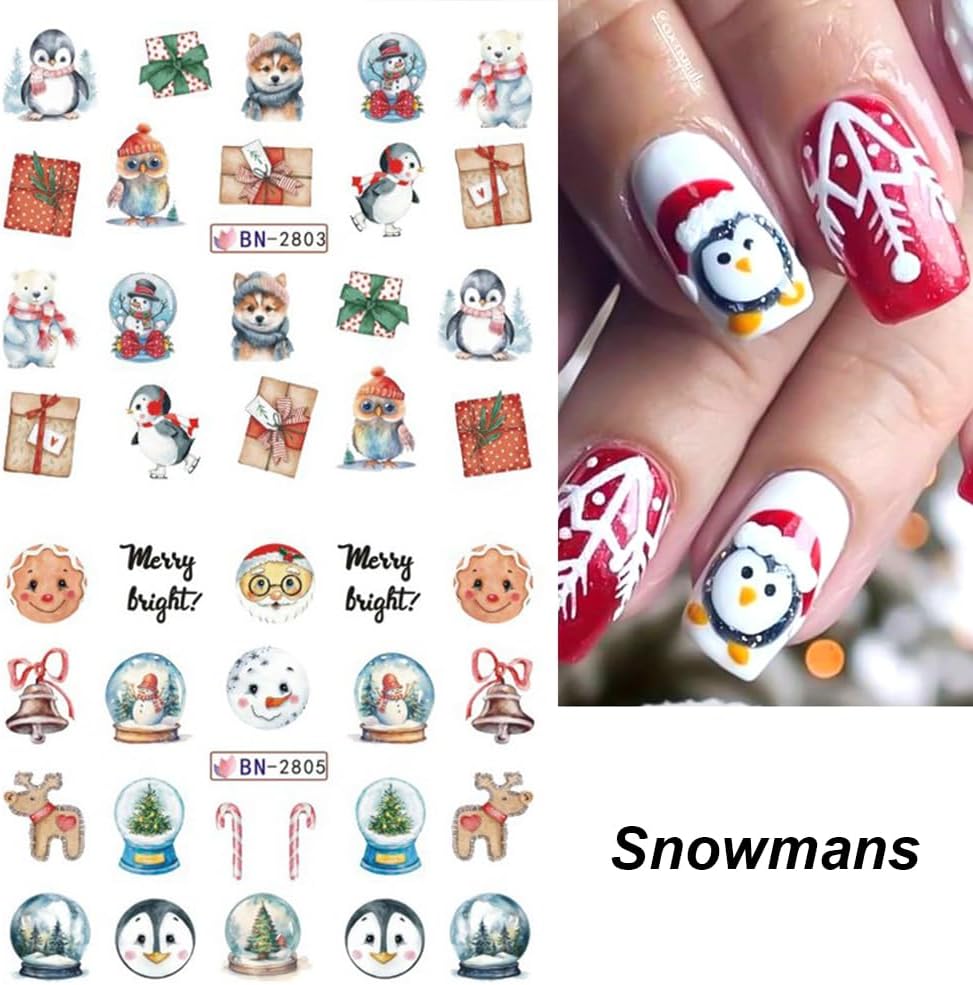 Christmas Nail Art Stickers Decals Snowflake Water Transfer Slider Nail Foils for Christmas Nail Art Supplies Cartoon Santa Claus Elk Gift Polar Bear Winter Design DIY Manicure Tips Stickers for Nails-Velvo Beauty