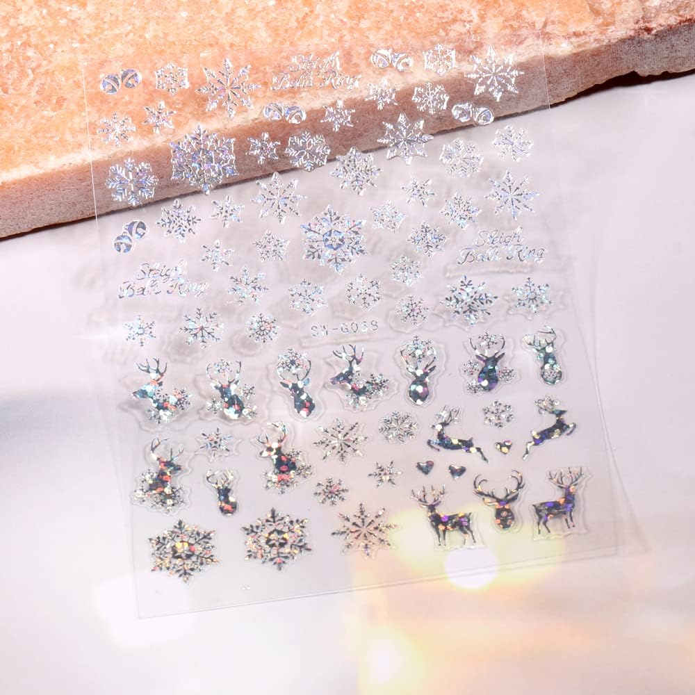 9 Sheets Merry Christmas Nail Art Stickers Decals Self-Adhesive Holiday Snowflakes Laser Silver Snowman Bell Nail Supplies Nail Art Design Decoration Accessories-Velvo Beauty