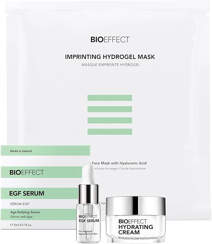 BIOEFFECT EGF Serum Try-Me Mini Sample Skincare Set with Hydrating Cream & Hydrogel Mask, Travel-Size Trio of Growth Factor Anti-Aging Serum, Moisturizer & Soothing Facial Mask-Velvo Beauty