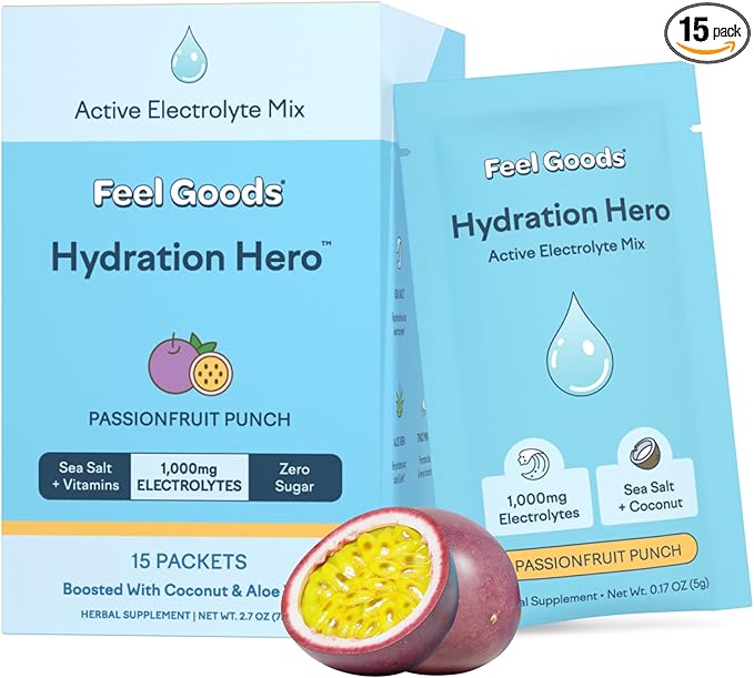 Feel Goods Hydration Hero, 1,000mg Electrolytes Powder, Sugar Free, Magnesium, Organic Aloe Vera, L Theanine, Vitamin C & B12, Keto, Vegan, Electrolyte Packets, Passion Fruit Punch, 15 Count-Velvo Beauty