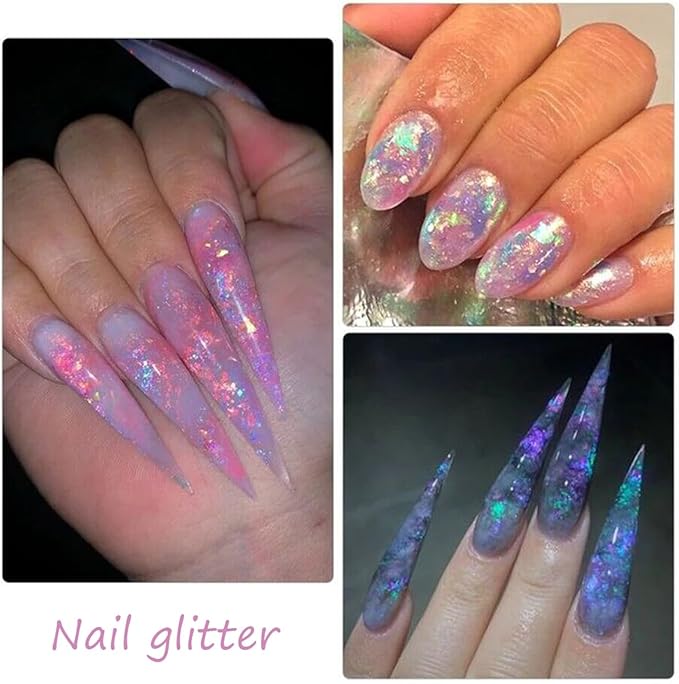 12 Colors Holographic Nail Art Glitter Sequins Aurora Holographic Mermaid Nail Glitter Flash Ice Residue Nail Glitter Sequin Chameleon Flakes Set Fluorescent Glass Paper for Face Body DIY Decoration-Velvo Beauty