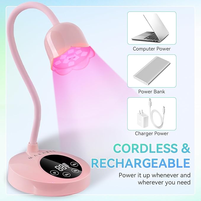 Makartt UV Nail Lamp: Flash Cure lamp UV Light for Gel Nails Polish Luminoza 30W Rechargeable LED Nail Dryer with 4 Timers & Auto Sensor Fast Curing Goosenecks Lamp for Home DIY Manicure (Pink)-Velvo Beauty