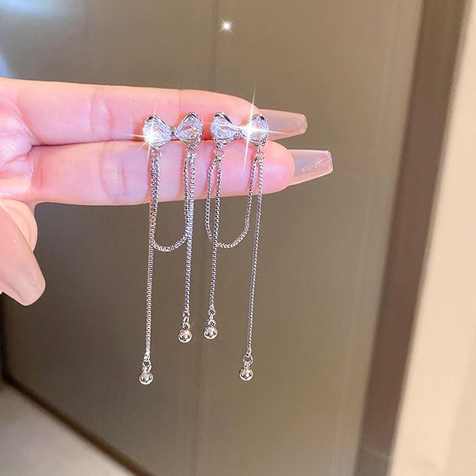Vintage Crystal Bow Earrings Rhinestone Chain Drop Earrings Silver Long Chain Dangle Earrings Long Tassel Chain Earrings Jewelry for Women-Velvo Beauty