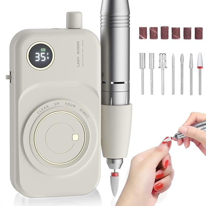 Portable Nail Drill Electric File: 35000RPM Professional Rechargeable Nail E File Machine,for Acrylic Nails Gel Polishing Removing, Cordless Efile with Bits Kit for Manicure Salon Home (White)-Velvo Beauty