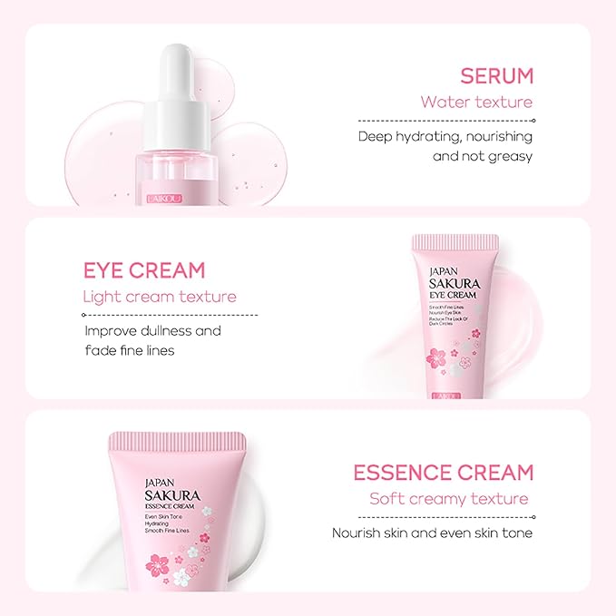 Skin Care Set JAPAN SAKURA Women Beauty Gift Sets Skin Care Kit with Serum, Eye Cream, Face Cream Travel Kit for Women Wife Mom Teen Girls TSA-friendly Sizes Birthday Gift 3pcs-Velvo Beauty