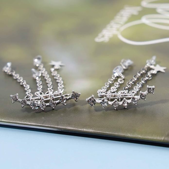 Boho Star Ear Jacket Earrings Gold Cz Star Ear Climber Earrings Crystal Chain Tassel Earrings Crystal Ear Crawler Long Chain Earrings Jewelry for Women and Girls Gifts-Velvo Beauty