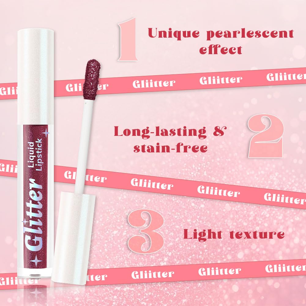 Plum Metallic Lipstick for Women,Lightweight Glitter Sparkling Liquid Lipsticks,Shimmer Lip Gloss Stain Long Lasting Waterproof Smudge Proof Non-Drying 24 Hour Full Coverage Lip Makeup,Vegan-Velvo Beauty