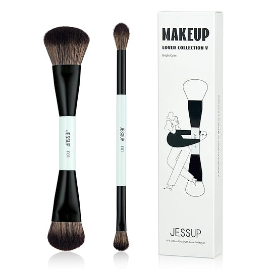 Jessup Makeup Brushes 2pcs Double Sided Foundation Brush Contour Brush Dual Ended Eye Blending Brush, Multi-functional Cosmetic Brush Bright Cyan T502-Velvo Beauty