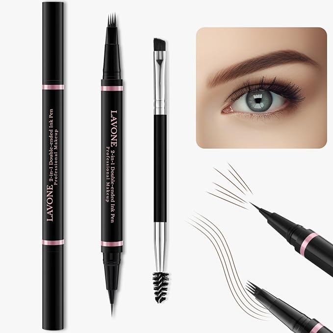 LAVONE Eyebrow Pencil Makeup Kit, with Waterproof 2-IN-1 Microblading Eyebrow Pen, Eyebrow Pomade, Eyeliner and Dual-ended Eyebrow Brush, Brow Pencil Kit for Natural Eyebrows - Dark Brown-Velvo Beauty