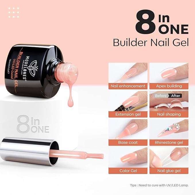 modelones Builder Nail Gel, 8-in-One Sheer Nude Pink Builder, Apricot Blush Pink Rubber Base for Nail Thickening Apex Building LED Lamp Cured Hard Strengthener Extend Color Gel Polish for DIY Salon-Velvo Beauty