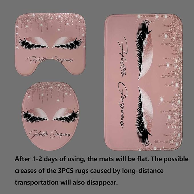 4PCS Hello Gorgeous Shower Curtain Set, Eyelash Makeup Glam Fashion Girly Pink Bathroom Decor for Women Girls, Waterproof Fabric Shower Curtain, Non-Slip Bath Mat Toilet Rug, Rose Gold Glitter-Velvo Beauty