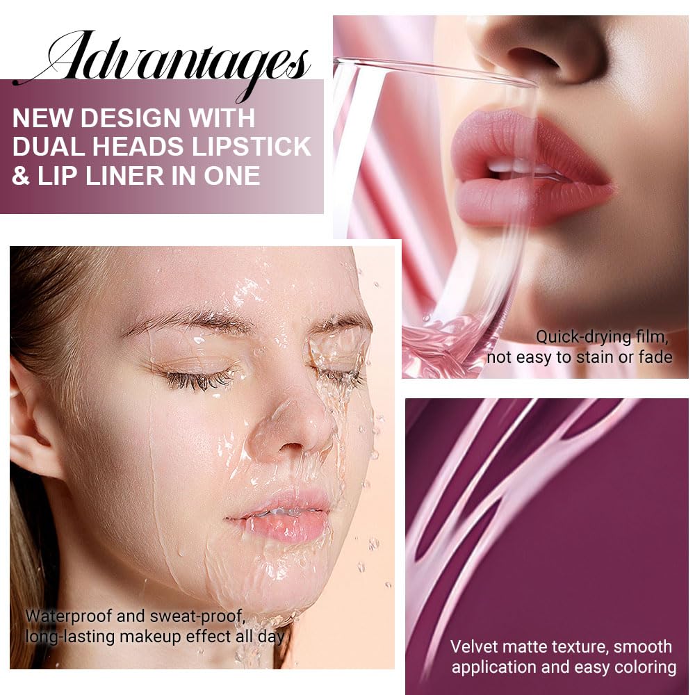 evpct 1Pcs Dark Plum Purple Matte Lip Liner and Liquid Lipstick Stain Makeup Set for women, Plum Red Long Lasting Smudge Proof Lipstick labiales matte mate larga duracion listip 24 hours originales,18-Velvo Beauty