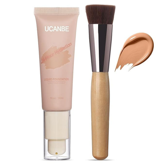 UCANBE Matte Liquid Foundation with Brush, Skincare Serum Foundation Face Makeup with Hyaluronic Acid, Medium to Full Coverage Waterproof Oil Control Longwear, for Mature Skin, Nude Beige, 1 fl. oz.-Velvo Beauty