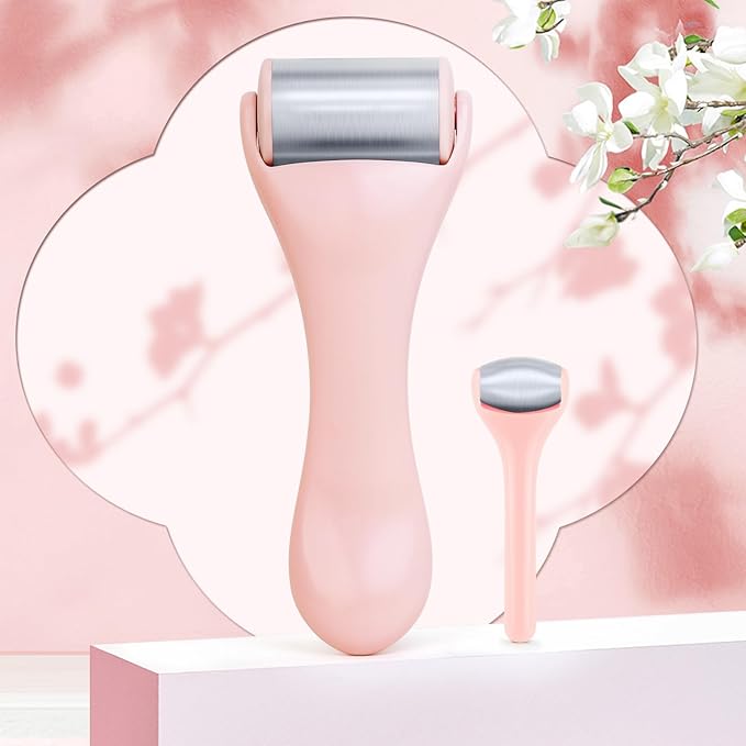 Ice Roller for Face and Eye 2 Pcs,Face Roller Skin Care for Puffiness,Migraine,Pain Relief,Eye Roller For Puffy Eyes Dark Circles,Stainless Steel Facial Roller (Pink)-Velvo Beauty