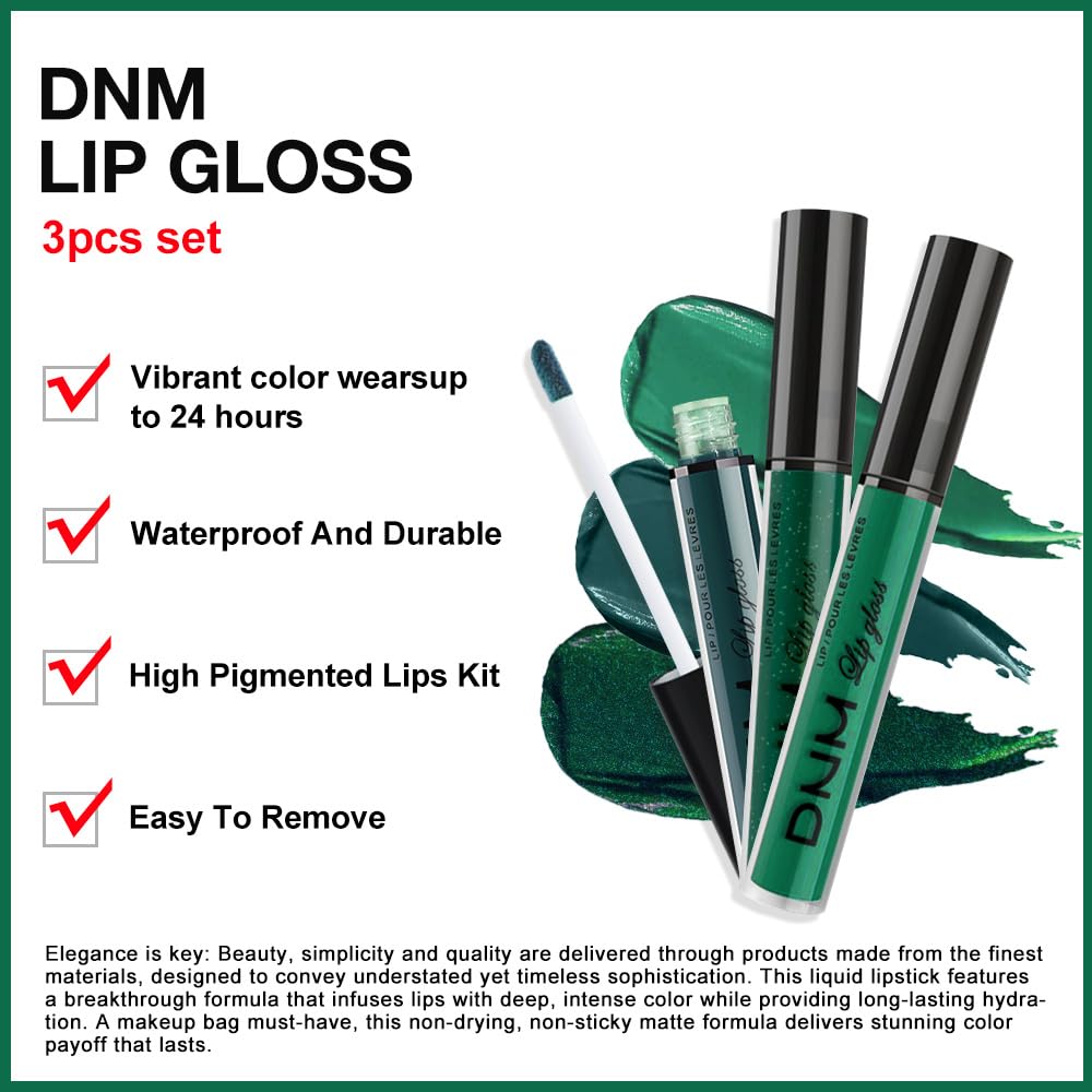 evpct 3Pcs Dark Deep Forest Green Shimmer Matte Liquid Lipstick Lip Stain Sets for Women Matte+Lipstick Long Lasting Waterproof Permanent 24 Hours Magic Lipstick 24 Hours original, Set23-Velvo Beauty