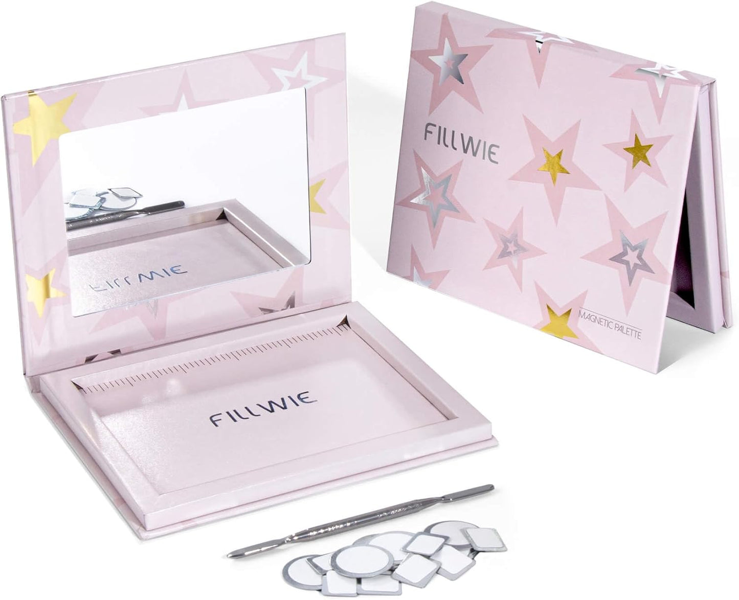 Magnetic Empty Makeup Palette with Mirror – Customizable Refillable Case for Eyeshadow, Blush, Lipstick, Highlighter – Lightweight, Waterproof, with Spatula & 20 Metal Stickers (Pink, Medium)-Velvo Beauty