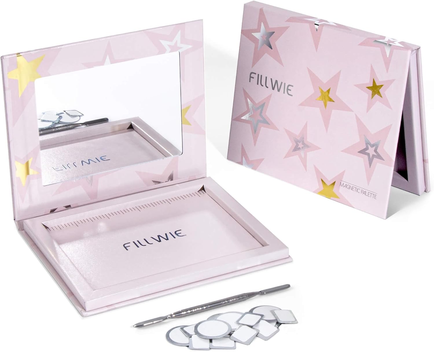 Magnetic Empty Makeup Palette with Mirror – Customizable Refillable Case for Eyeshadow, Blush, Lipstick, Highlighter – Lightweight, Waterproof, with Spatula & 20 Metal Stickers (Pink, Medium)-Velvo Beauty