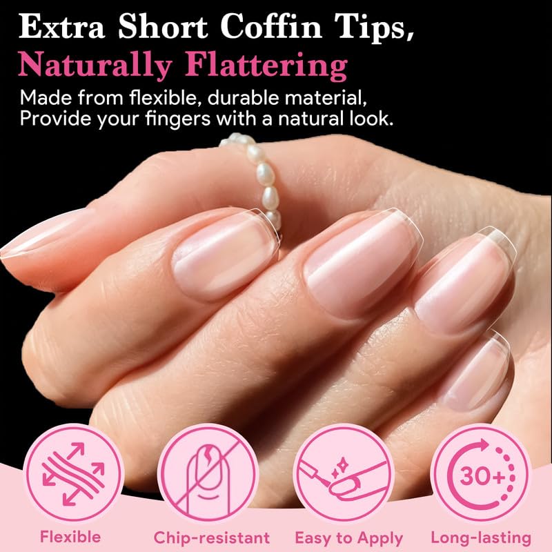 Extra Short Coffin False Nail Tips, 15 Sizes 510 PCS Clear Soft Press On Fake Nail Pre-shaped Half Matte Full Cover Gel Nail Tips Extensions Thick Long Lasting for DIY Beginners & Salon Manicure-Velvo Beauty