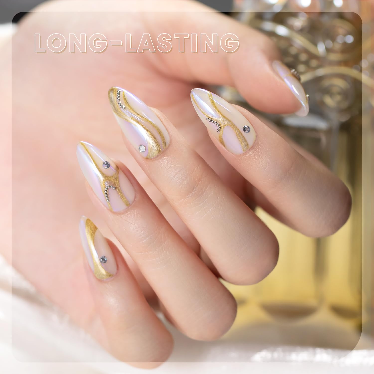 RARJSM Metallic Chrome Gel Liner Nail Art Champagne Gold 3D Mirror Effect Gel Nail Polish 8ml Build in Thin Brush Metal Painted Drawing Striper Painting GelPolish Soak off Curing Requires Home Salon-Velvo Beauty