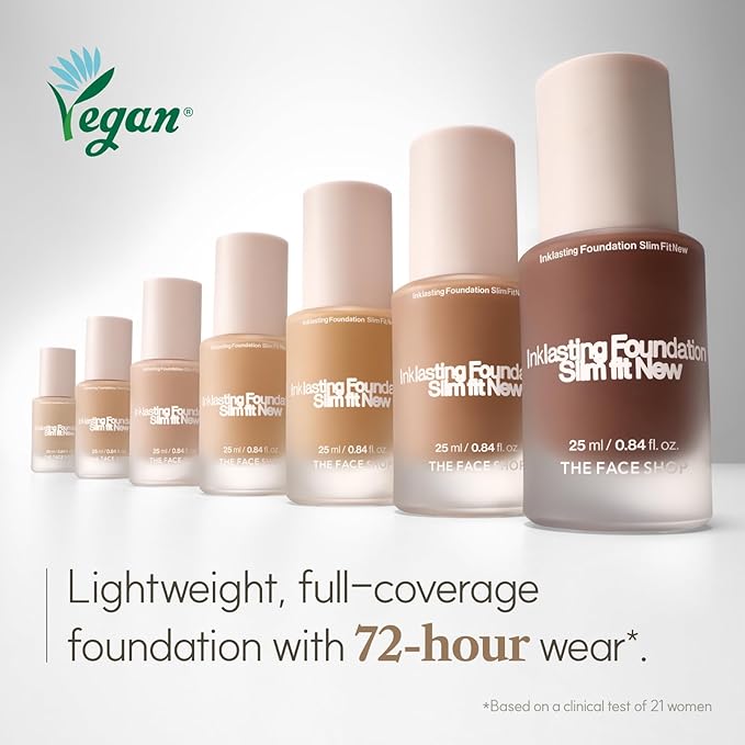 THE FACE SHOP Ink Lasting Liquid Foundation, Full Coverage, 72‑Hour Wear Semi‑Matte Finish, Makeup with Bakuchiol, N320 Chestnut, 0.84 Fl. Oz.-Velvo Beauty