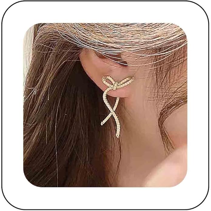 Vintage Crystal Bow Earrings Rhinestone Bow Drop Earrings Long Cz Rhinestone Earrings Gold Bow Cz Stud Earrings Jewelry for Women-Velvo Beauty