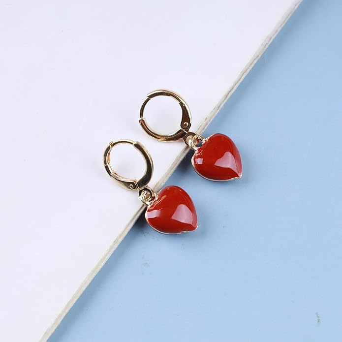 Vintage Heart Dangle earrings Red Coral Earrings Red Heart Love Huggie Earrings Gold Hoop Huggie Earrings Jewelry for Women-Velvo Beauty