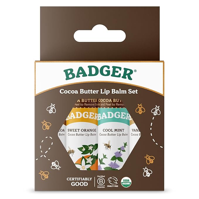 Badger - Cocoa Butter Lip Balm Set, Fair Trade, Certified Organic Lip Butter, Flavored, Cocoa, Vanilla, Orange, Mint, 0.25 oz (4 Pack)-Velvo Beauty