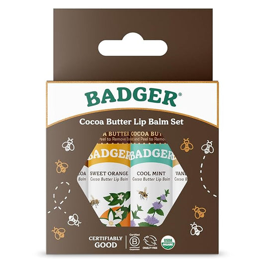 Badger - Cocoa Butter Lip Balm Set, Fair Trade, Certified Organic Lip Butter, Flavored, Cocoa, Vanilla, Orange, Mint, 0.25 oz (4 Pack)-Velvo Beauty
