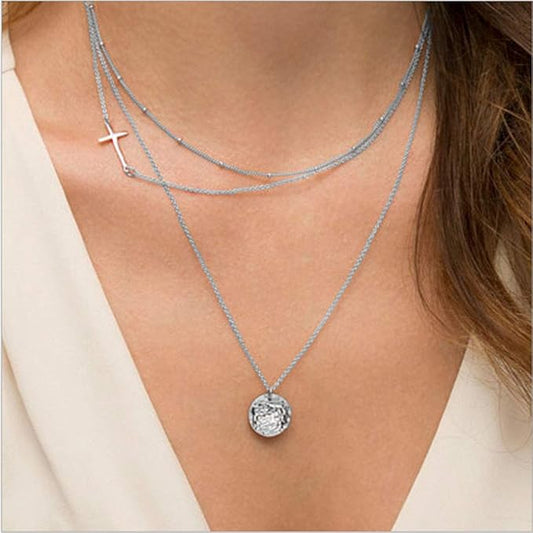 Boho Layering Disc Pendant Necklace Silver Jesus Choker Necklaces Beaded Chain Jewelry Adjustable for Women and Girls-Velvo Beauty
