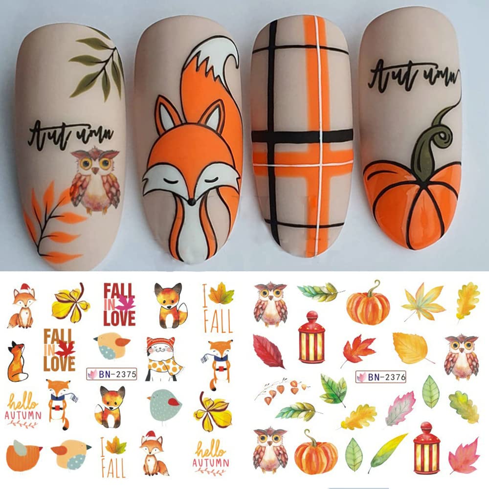 Maple Leaf Nail Art Stickers Fall Nails Water Transfer Slider Foils Autumn Nail Decorations, Harvest Pumpkin Pinecone Maple Leaves Pattern Acrylic Nail Sticker for Thanksgiving Nail Art Supplies 12Pcs-Velvo Beauty