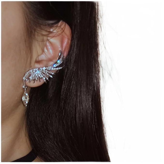 Boho Crystal Angel Wing Earrings Silver Rhinestone Wing Earrings Cz Crystal Ear Climber Earrings Guardian Wing Clip on Earrings Jewelry for Women and Girls Gifts-Velvo Beauty