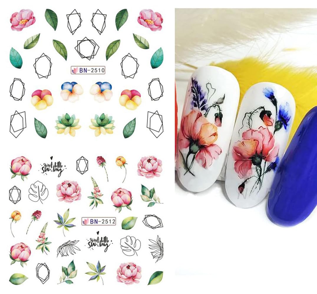 12 Sheets Flower Nail Water Transfer Decals, Nail Art Stickers for Women, Holographic Colorful Flower Leaf Patterns Nail Designs Supplies, Acrylic Nails Decorations DIY Resin Nail Decal Tattoos Set-Velvo Beauty