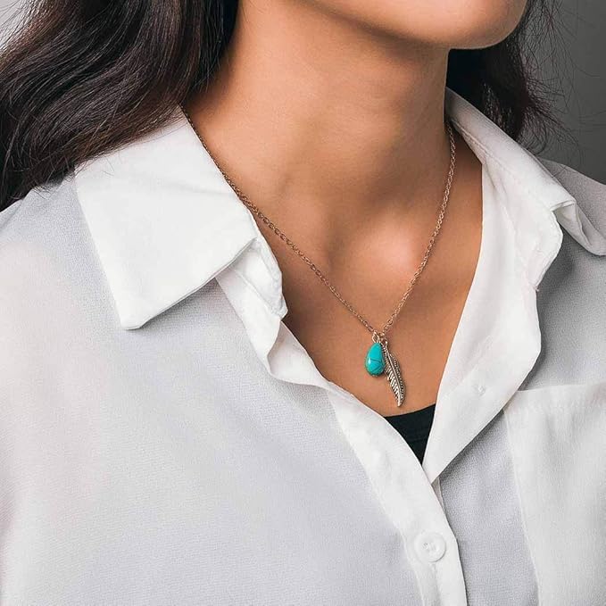 Boho Turquoise Necklaces Silver Feather Pendant Necklace Chain Short Delicate Dainty Necklaces Jewelry for Women-Velvo Beauty