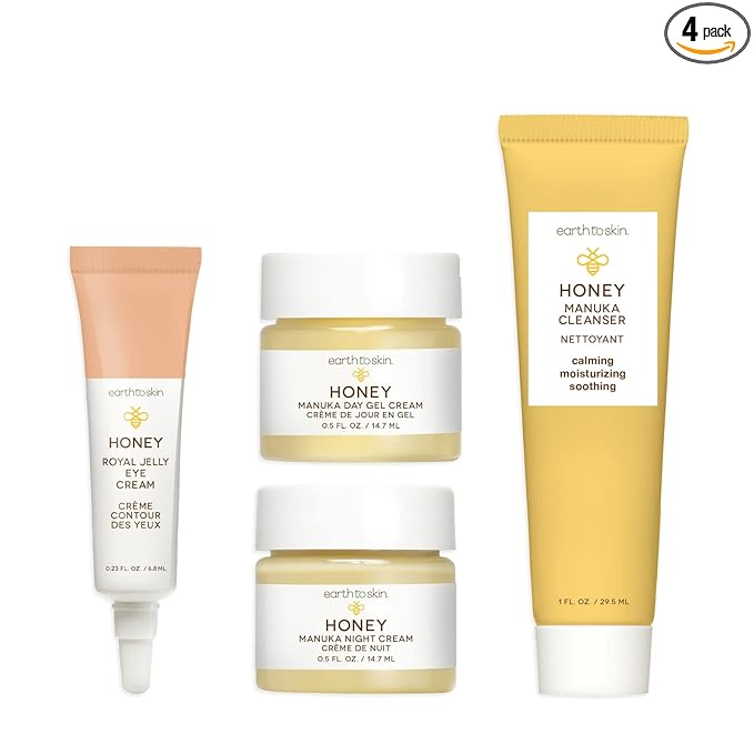 Earth To Skin Facial Care Starter Set: Manuka Honey Cleanser (1.0 Fl Oz), Day Gel Cream (0.5 Fl Oz), Night Cream (0.5 Fl Oz), and Royel Jelly Eye Cream (0.23 Fl Oz)-Velvo Beauty
