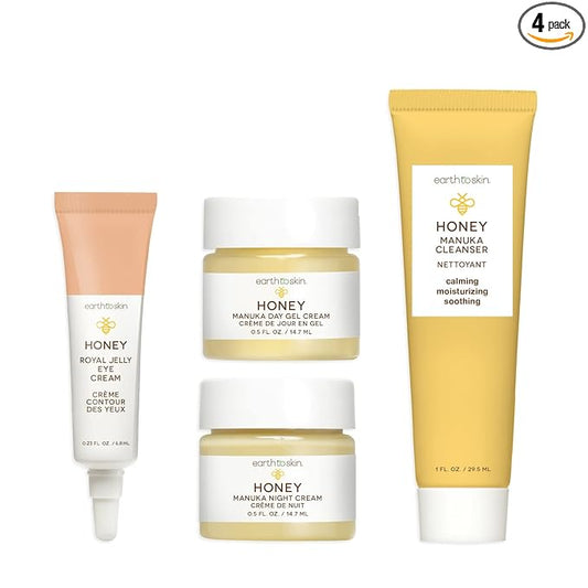 Earth To Skin Facial Care Starter Set: Manuka Honey Cleanser (1.0 Fl Oz), Day Gel Cream (0.5 Fl Oz), Night Cream (0.5 Fl Oz), and Royel Jelly Eye Cream (0.23 Fl Oz)-Velvo Beauty