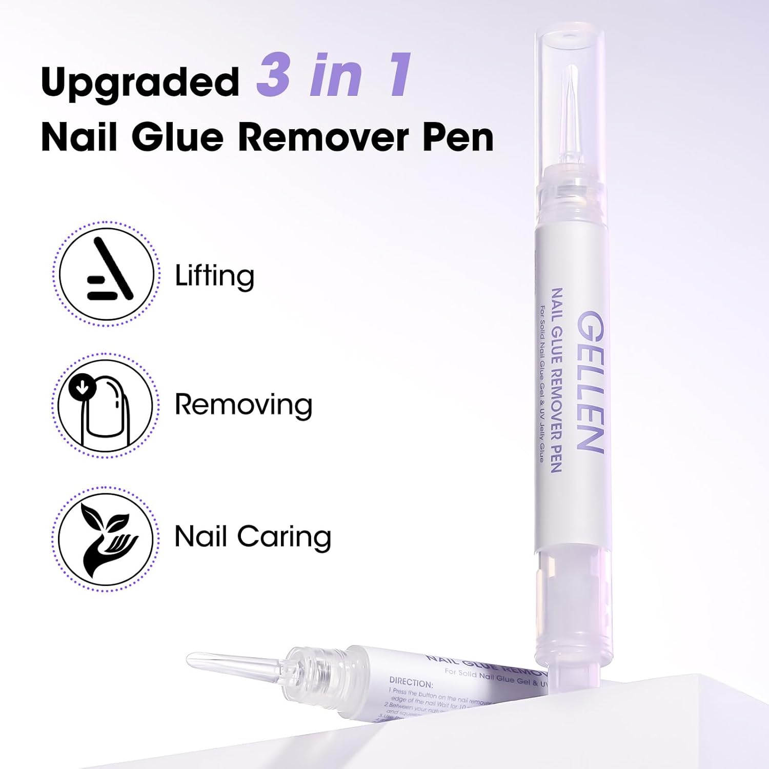 Gellen Nail Glue Remover, 2 Pcs Upgraded Glue Remover Pen for Press on Nails, Non Acetone Press on Removal, 10s Quick Remove for Nail Tips Fake Nails Solid Glue Gel-Velvo Beauty
