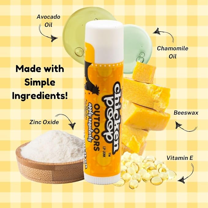 Chicken Poop Lip Balm Simone Chickenbone 100% Natural Moisturizer for Dry, Chapped Lips, Combo (Original, Mint, Outdoors with SPF 30, Coconut), 4 Pack-Velvo Beauty
