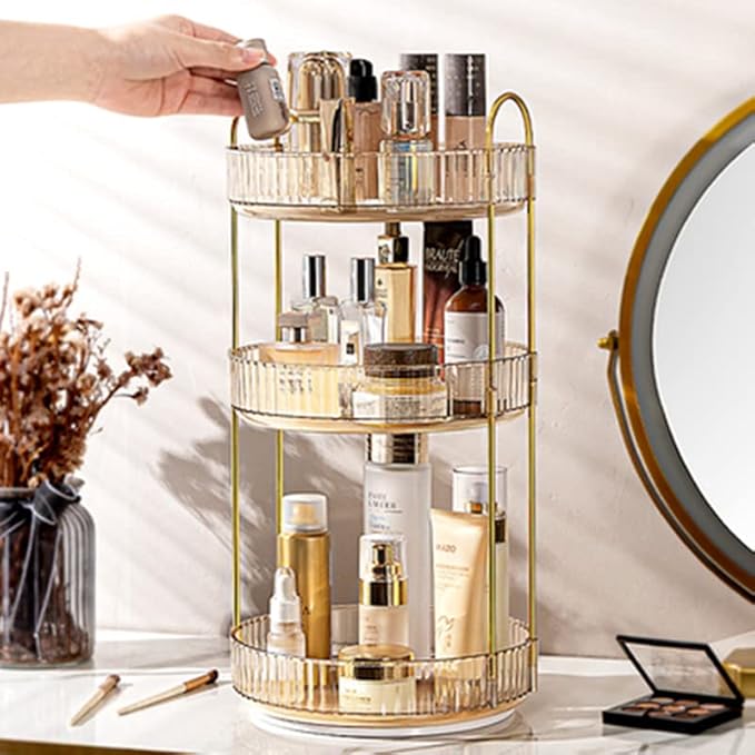 360 Rotating Makeup Organizer - High-Capacity Skincare & Cosmetics Organizer for Vanity, Bathroom or Dresser (3 Tiers, Amber)-Velvo Beauty